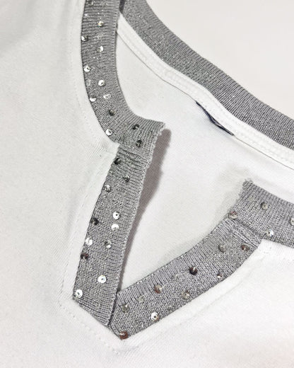 Y2K Sequin Collar White T-Shirt - Small
