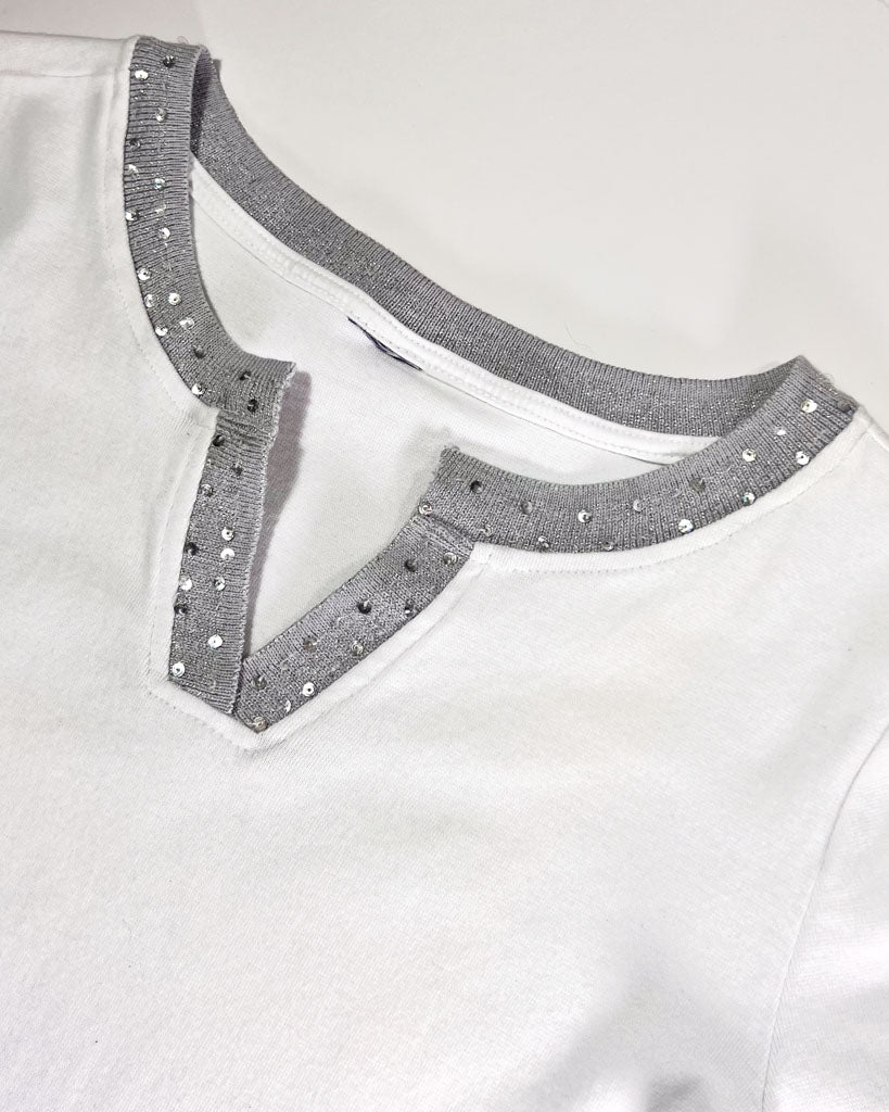 Y2K Sequin Collar White T-Shirt - Small