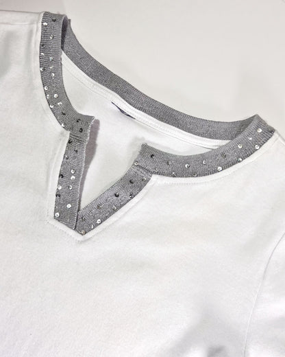 Y2K Sequin Collar White T-Shirt - Small