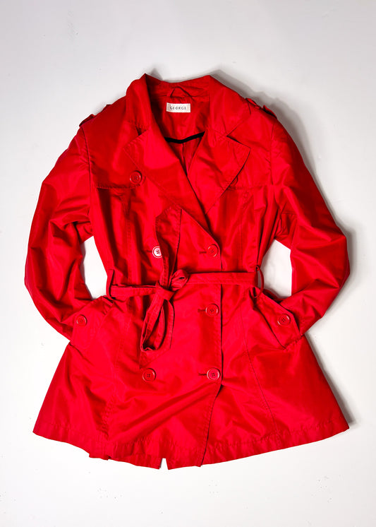 Y2K Red Belted Trench Coat with Statement Buttons - Large