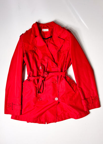 Y2K Red Belted Trench Coat with Statement Buttons - Large