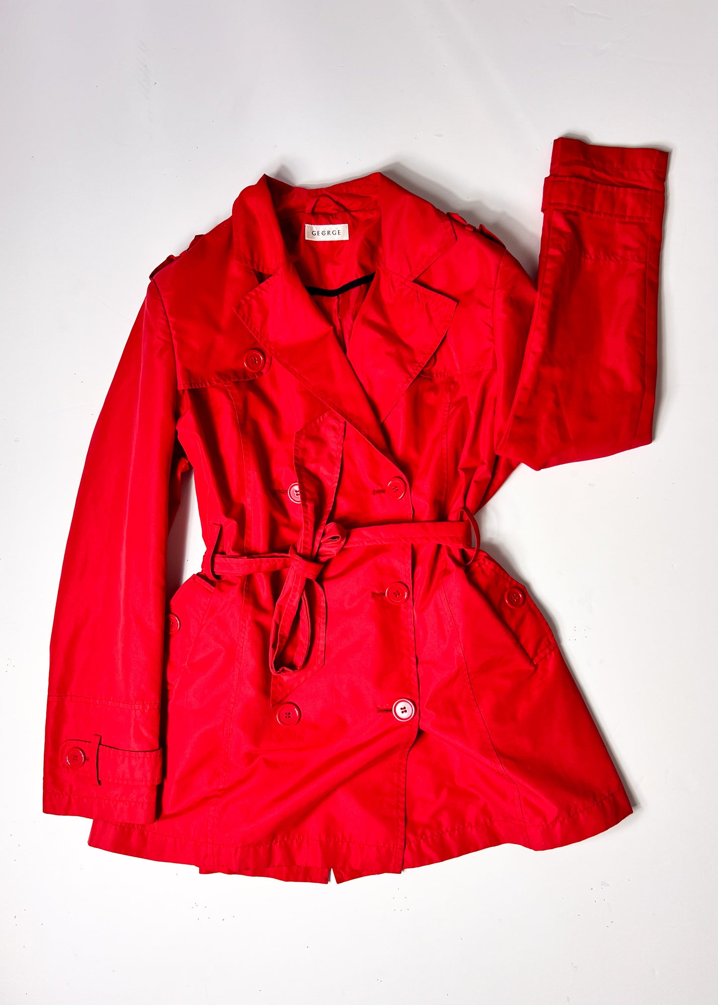 Y2K Red Belted Trench Coat with Statement Buttons - Large