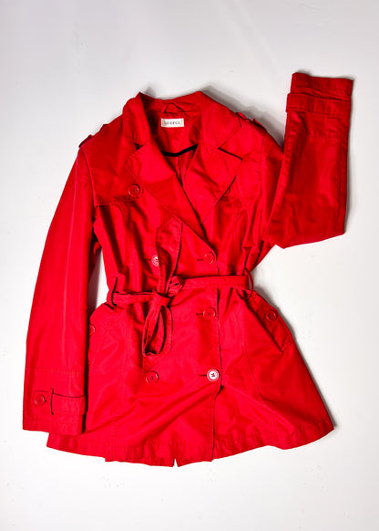 Y2K Red Belted Trench Coat with Statement Buttons - Large
