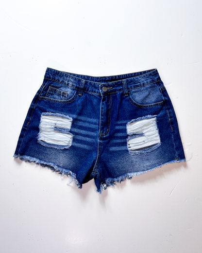 Mid Blue Shredded Short Denim Shorts - Large