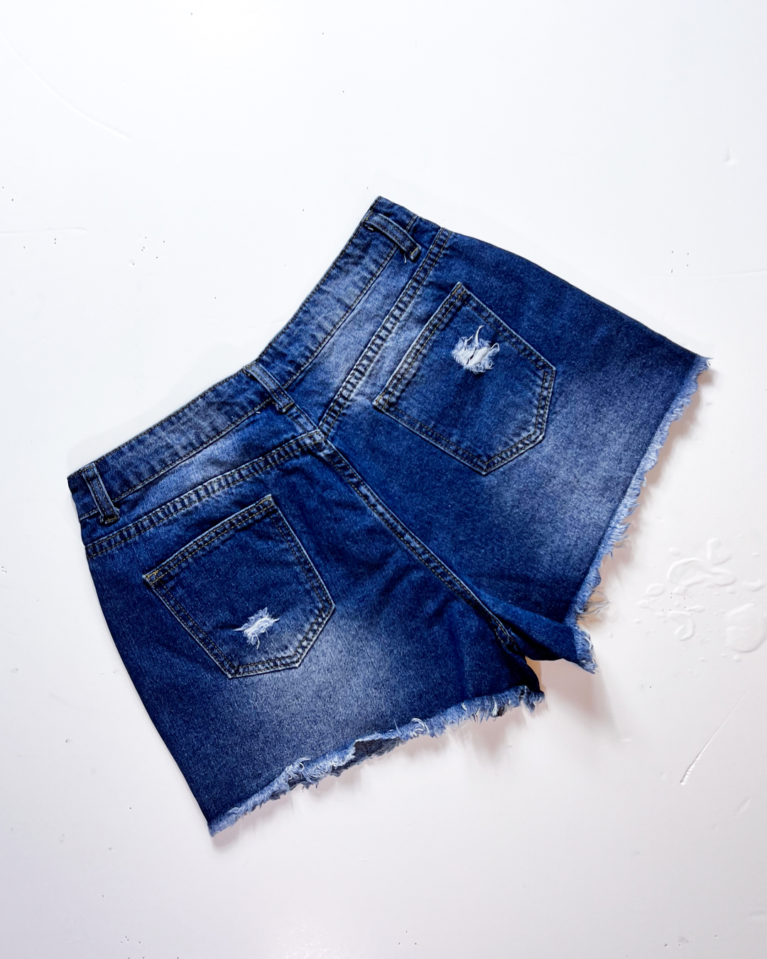 Mid Blue Shredded Short Denim Shorts - Large