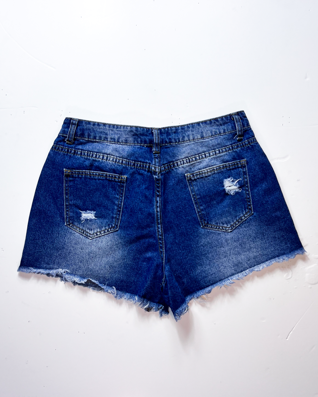 Mid Blue Shredded Short Denim Shorts - Large
