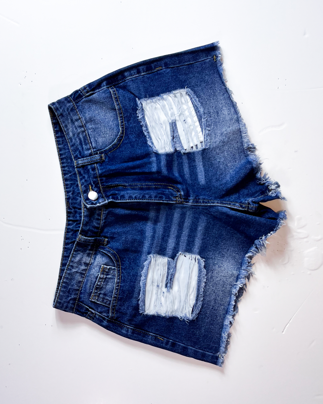 Mid Blue Shredded Short Denim Shorts - Large