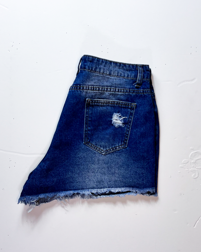 Mid Blue Shredded Short Denim Shorts - Large