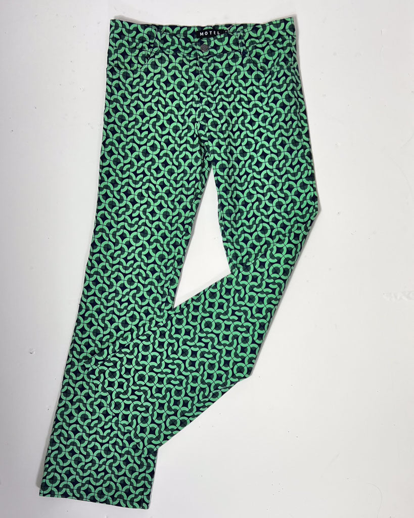 Motel Green Geometric Print Denim Flare Jeans - Small