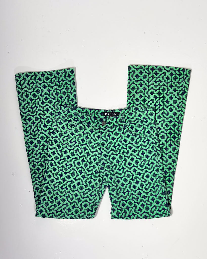 Motel Green Geometric Print Denim Flare Jeans - Small