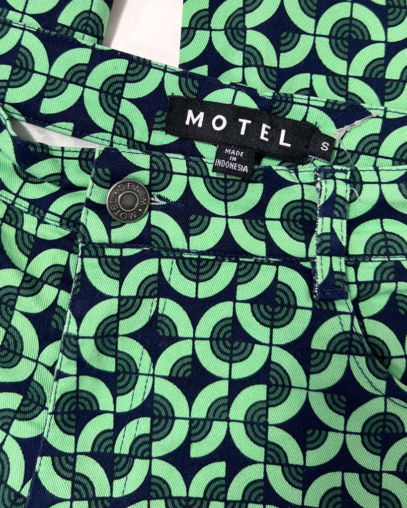 Motel Green Geometric Print Denim Flare Jeans - Small