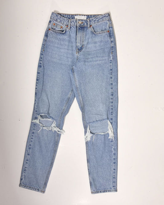 Topshop Ripped Knee Light Blue Denim Mom Jeans - UK 8