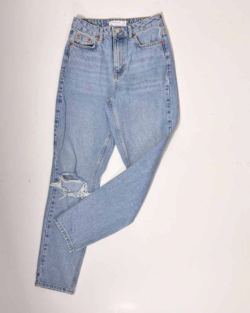 Topshop Ripped Knee Light Blue Denim Mom Jeans - UK 8