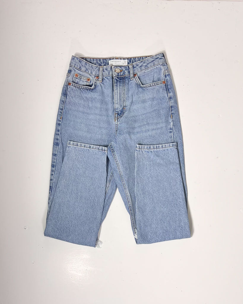 Topshop Ripped Knee Light Blue Denim Mom Jeans - UK 8