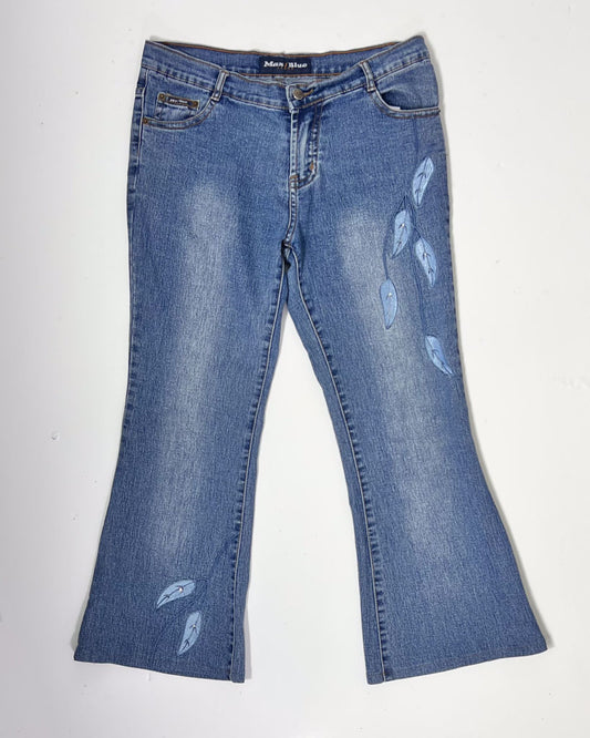 Y2K Denim Kick Flare Jeans with Leaf Embroidery - UK 10
