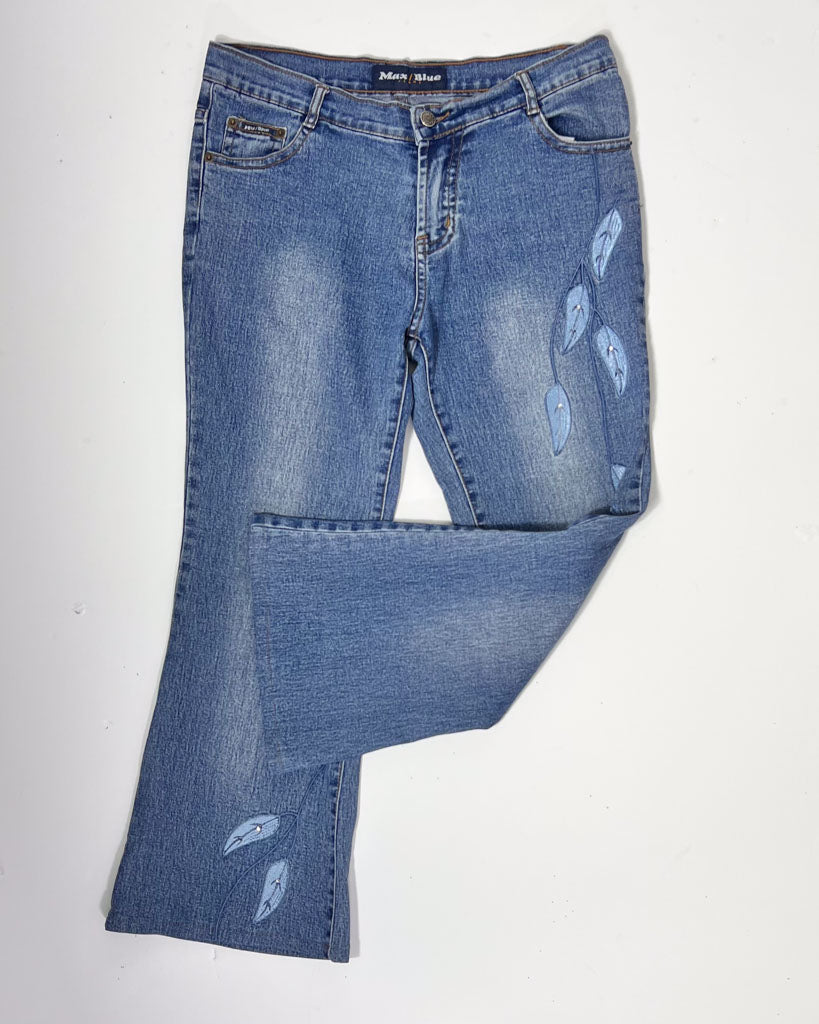 Y2K Denim Kick Flare Jeans with Leaf Embroidery - UK 10