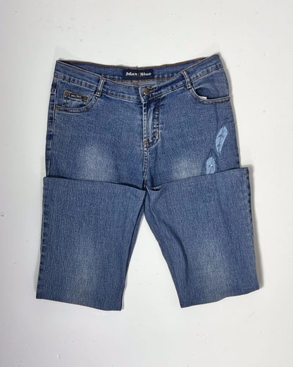 Y2K Denim Kick Flare Jeans with Leaf Embroidery - UK 10