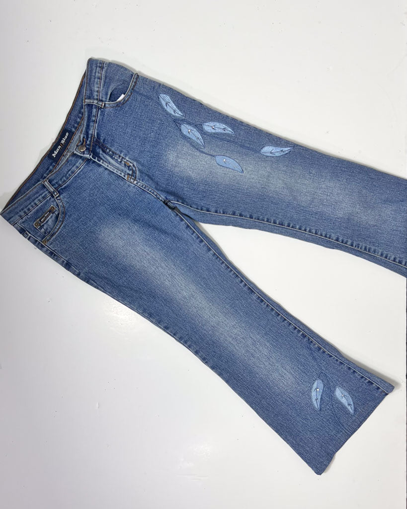 Y2K Denim Kick Flare Jeans with Leaf Embroidery - UK 10