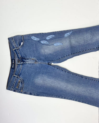 Y2K Denim Kick Flare Jeans with Leaf Embroidery - UK 10