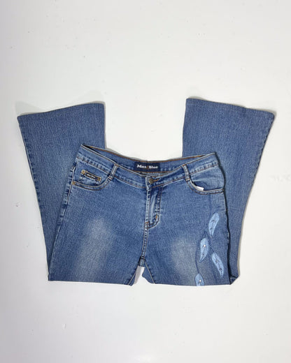 Y2K Denim Kick Flare Jeans with Leaf Embroidery - UK 10