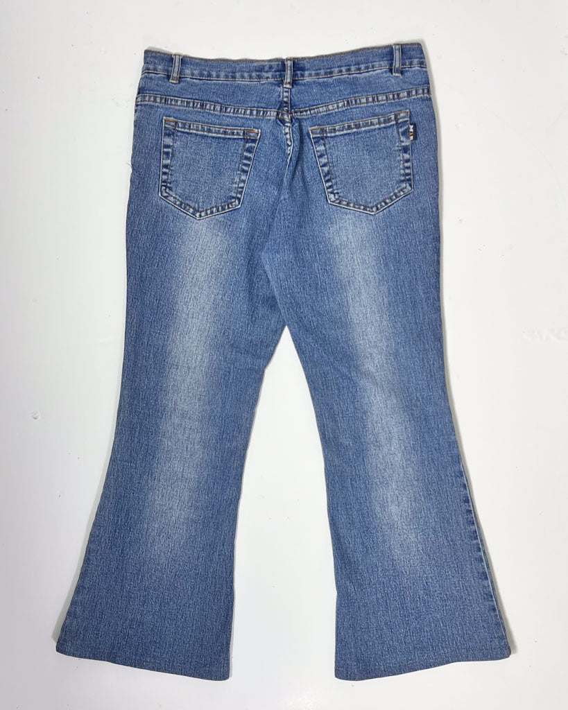 Y2K Denim Kick Flare Jeans with Leaf Embroidery - UK 10