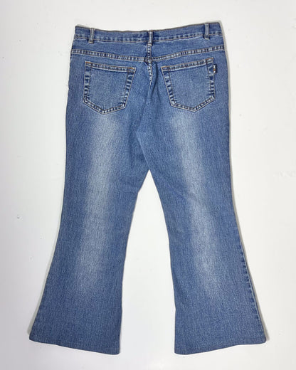 Y2K Denim Kick Flare Jeans with Leaf Embroidery - UK 10