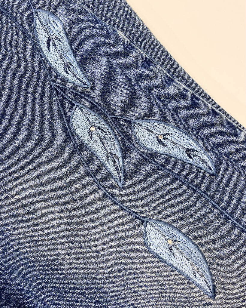 Y2K Denim Kick Flare Jeans with Leaf Embroidery - UK 10