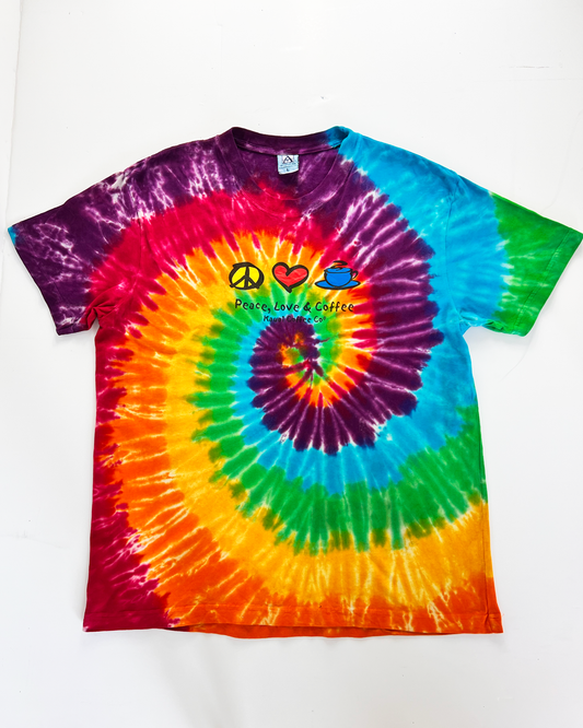 Peace Love And Coffee Slogan Tie-Dye T-Shirt - Large
