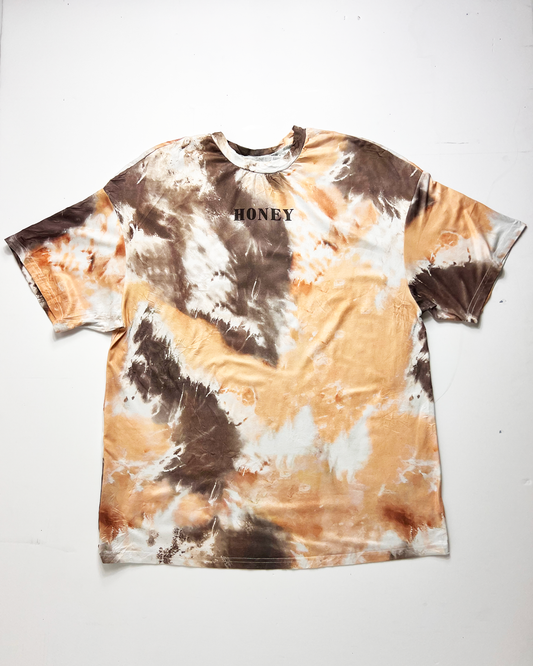 Peach & Brown Tie-Dye Honey Slogan Oversized T-Shirt - Large