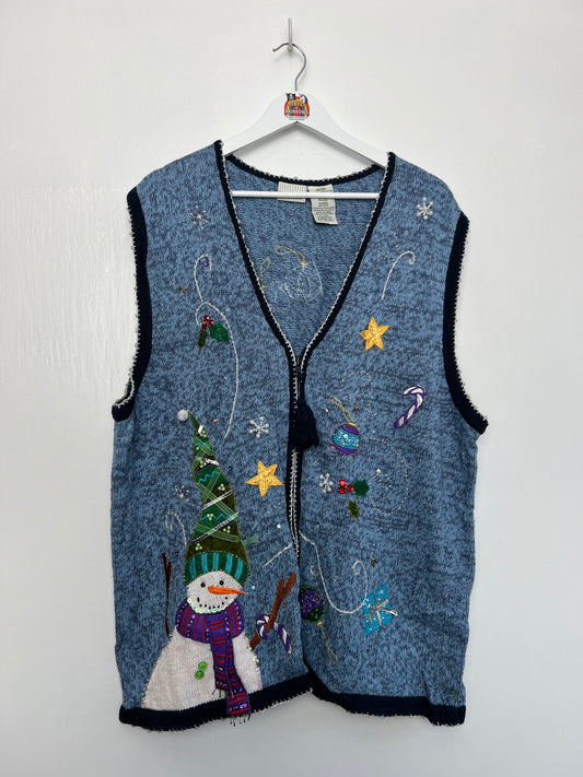 Christmas Embroidered Vintage Vest - White Stag - XXL